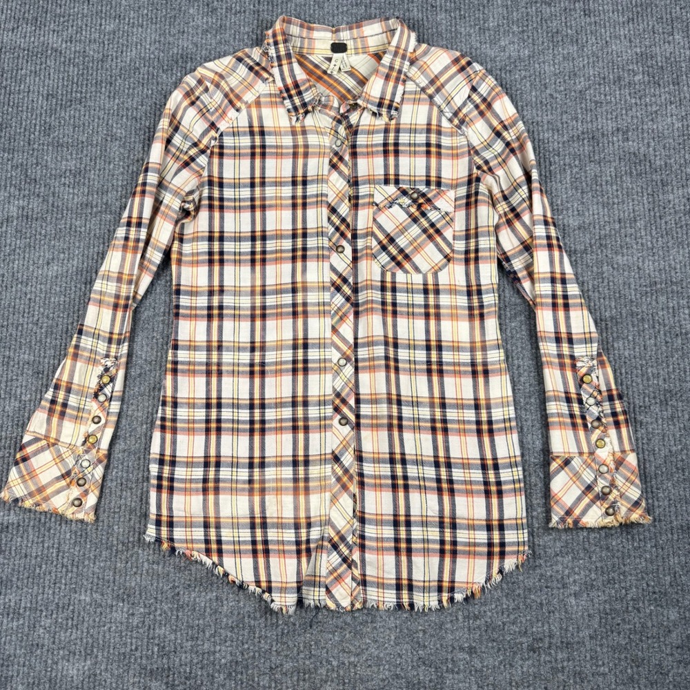 We The Free People Plaid Pearl Snap Shirt Womens S Raw Hem Western Grunge Boho